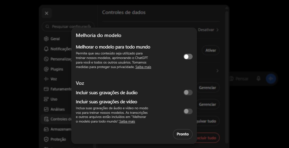 OpenAI pode usar o conteúdo das conversas para treinar e aprimorar os modelos — Foto: TechTudo/Késya Holanda