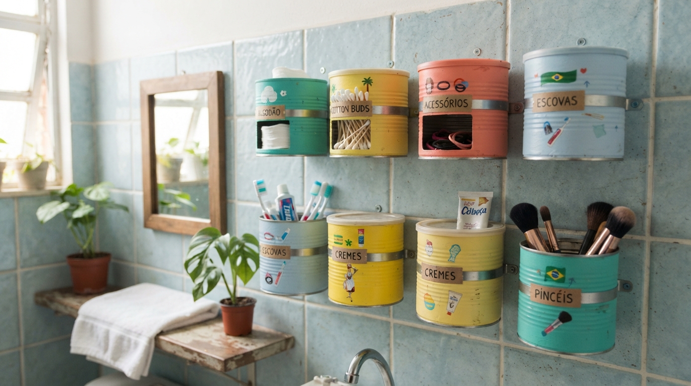 Como transformar simples latas de leite em pó em nichos organizadores para o banheiro que parecem metal escovado usando apenas tinta spray e cola