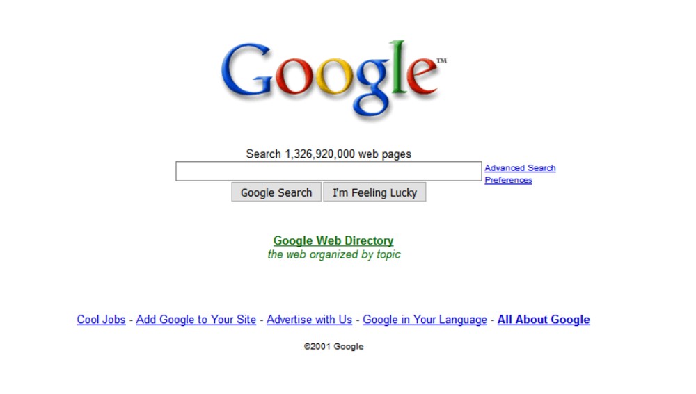Google em 2001 — Foto: Captura de tela Web Design Museum
