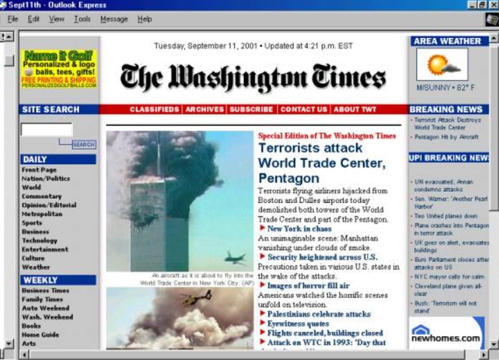 Jornal The Washington Times no dia 11 de setembro de 2001 — Foto: Captura de tela September11News