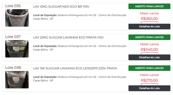 Leilão das Casas Bahia tem geladeiras e máquinas de lavar a partir de R$ 260