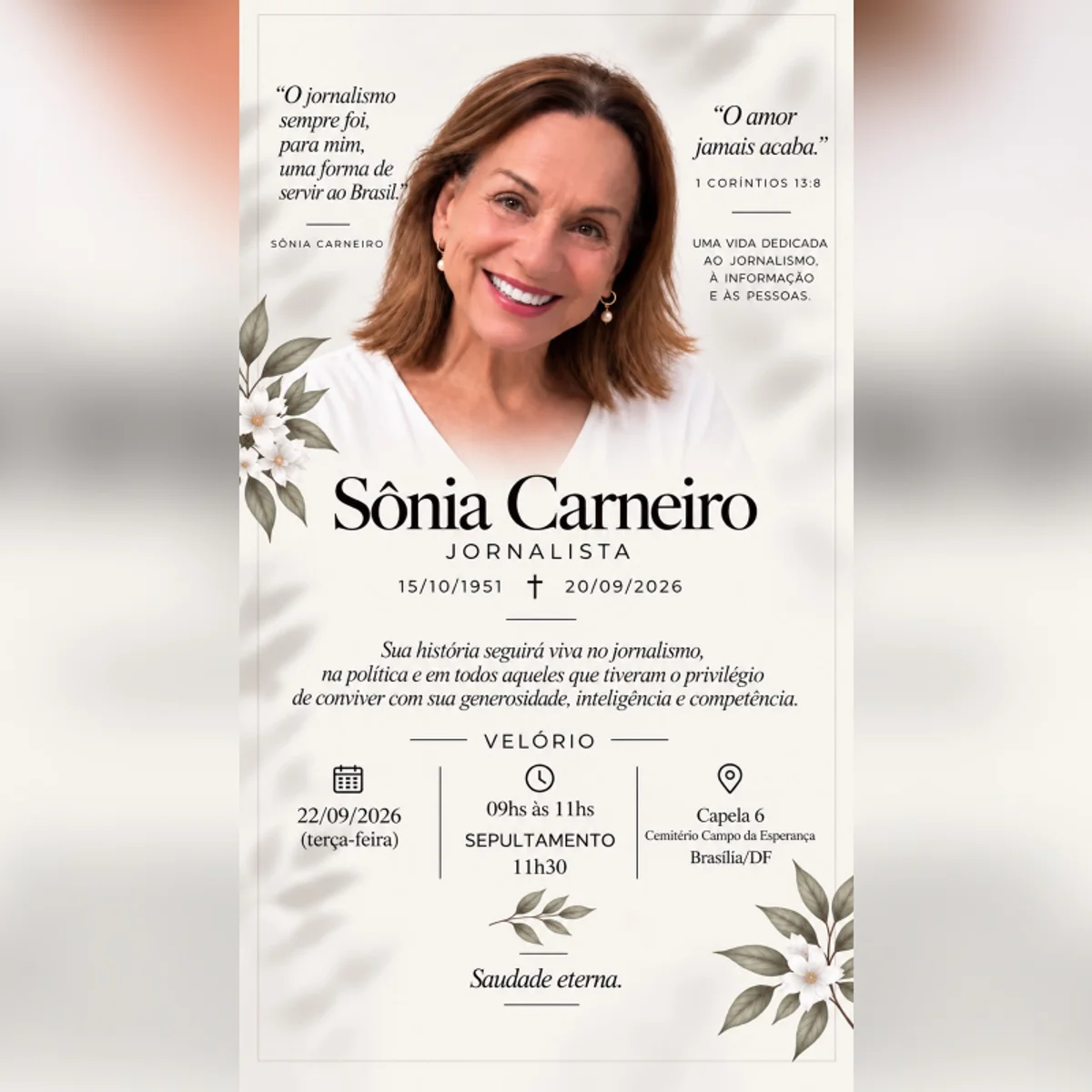 Jornalista Sônia Carneiro será enterrada nesta terça-feira (22/9) no DF