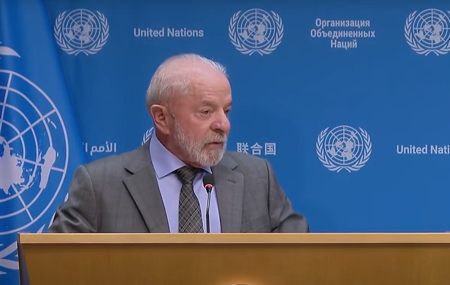 Presidente Luiz In&aacute;cio Lula da Silva (PT) em entrevista coletiva na sede da ONU, nos Estados Unidos, em 2025