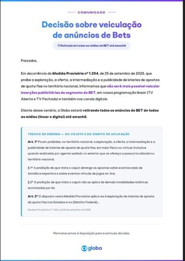 Após proibição das bets, Globo se movimenta e envia comunicado às afiliadas