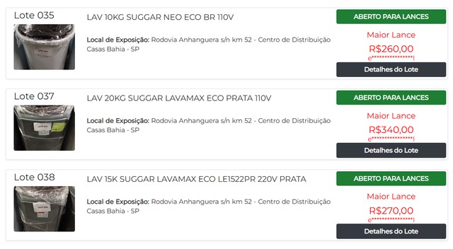 Leilão das Casas Bahia tem geladeiras e máquinas de lavar a partir de R$ 260