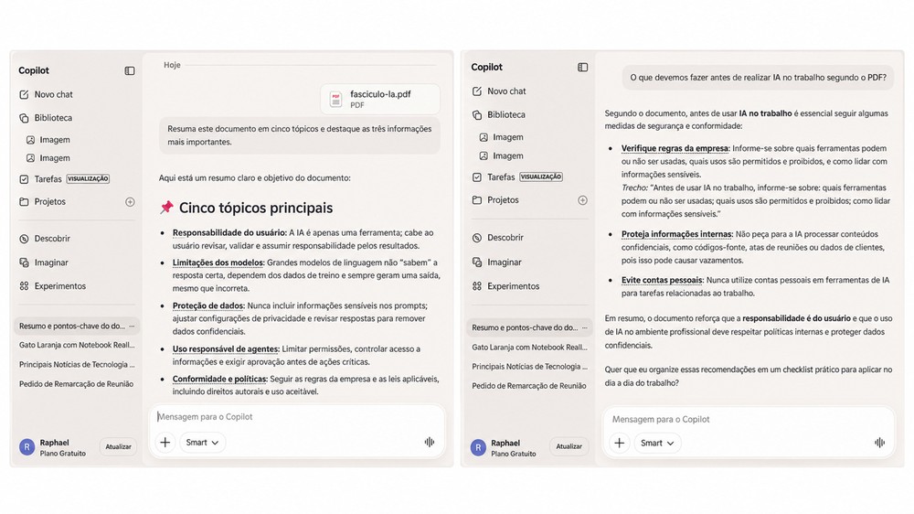 O Copilot resumiu o conteúdo do PDF e depois respondeu a uma pergunta específica com base nas informações do próprio arquivo — Foto: Reprodução/Copilot