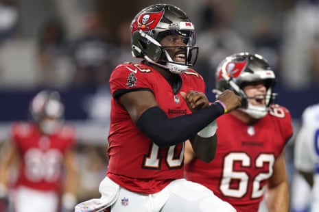 Tampa Bay Buccaneers quarterback Jalon Daniels celebrates a touchdown during the first half of Thursday night’s 24-16 win over the Dallas Cowboys at AT&T Stadium in Arlington, Texas.