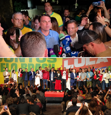 Falas de Flávio Bolsonaro (PL, acima) e Luiz Inácio Lula da Silva (PT, abaixo) após resultados do 1º turno Foto: Deborah Sena e Reprodução / Terra e YouTube