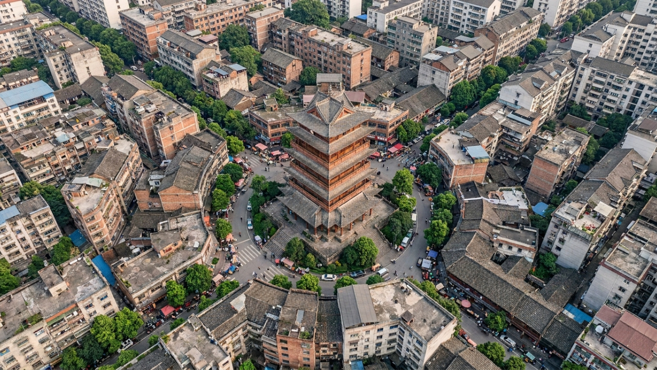 Vista do alto, uma cidade chinesa revela ruas inteiras convergindo para uma única torre vermelha no coração do centro antigo