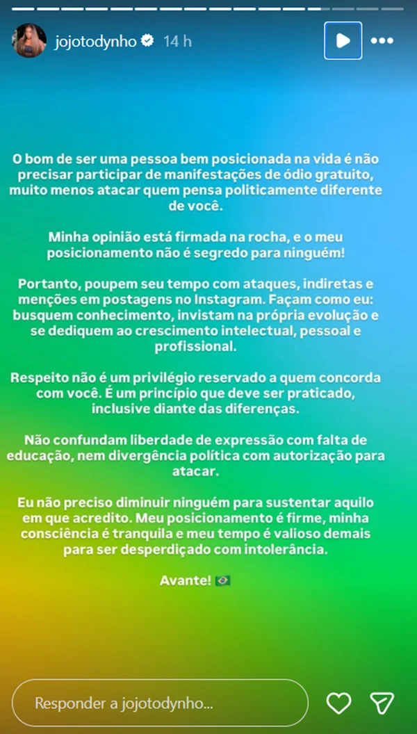Jojo Todynho reage e diz que não se envolverá em "manifestações de ódio"