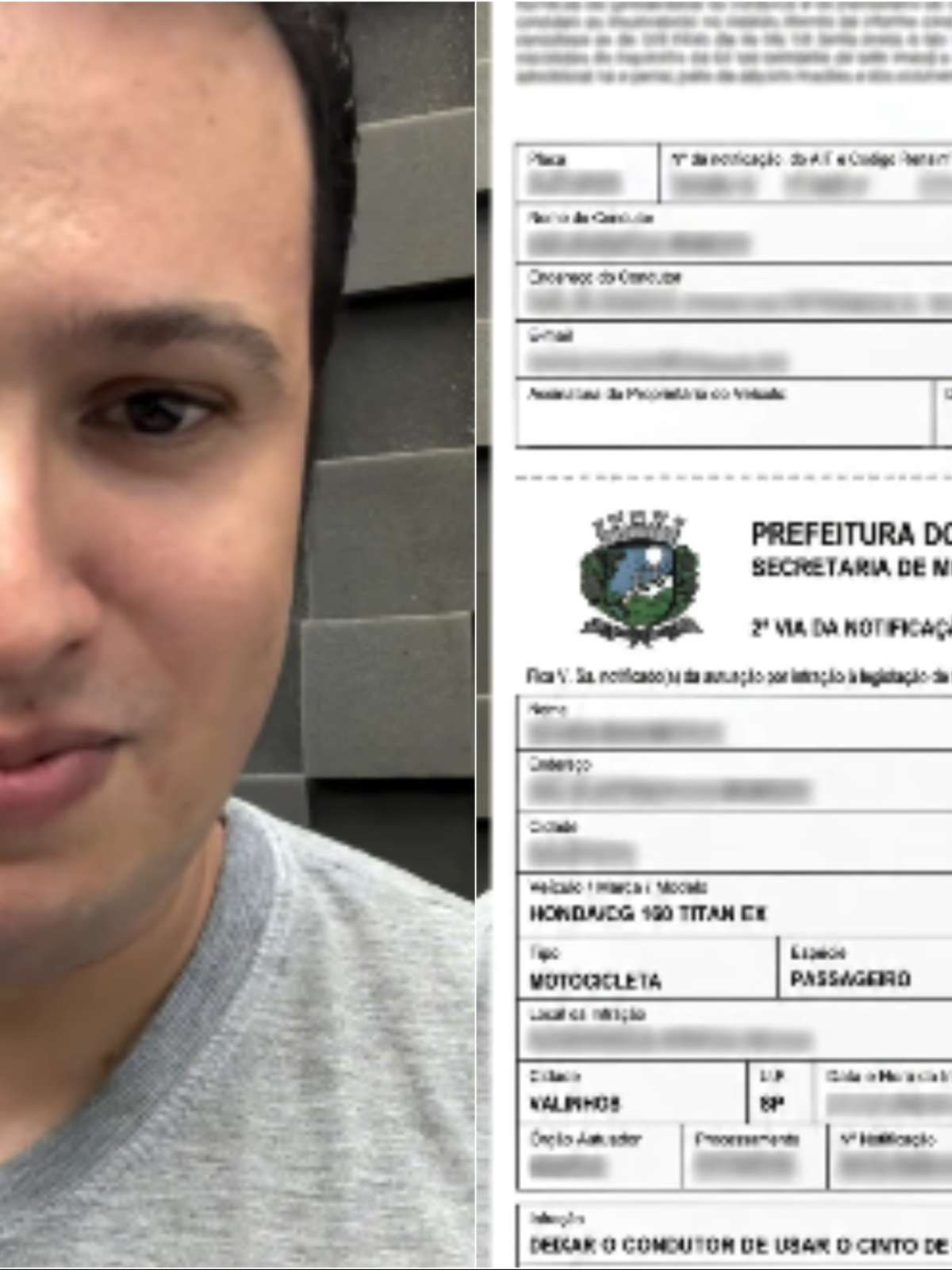 Homem leva multa de trânsito por não usar cinto de segurança em uma moto; entenda