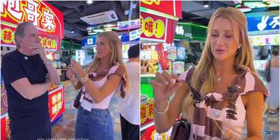 Ana Paula Siebert come espetinho de escorpi&atilde;o ao lado de Roberto Justus na China Foto: Reprodu&ccedil;&atilde;o/Instagram