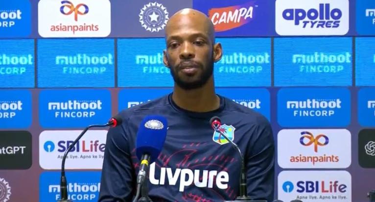 Roston Chase speaks during a press conference following the West Indies’ six-wicket victory over India on Friday.
